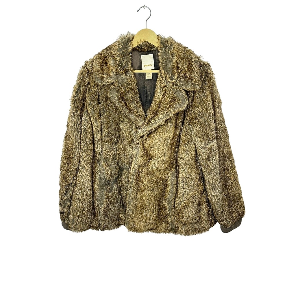 Diesel Faux Fur Coat Womens Large Brown Shaggy Jacket Mob Wife Indie Sleaze